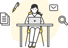 デスクでPC作業をするビジネスウーマンと、事務・検索関連のアイコン。